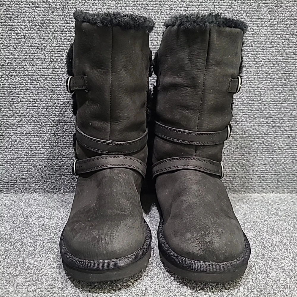 UGG Australia Becket Black Leather Sheepskin Boots Moto Buckle Kid's Size 1